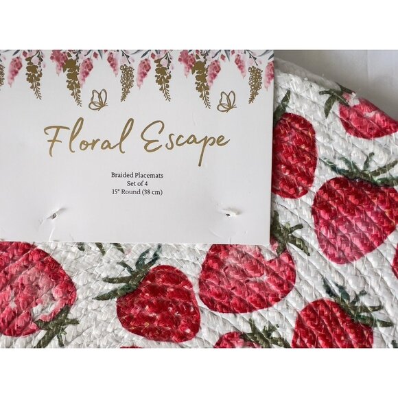 4 pc Braided Placemat Set 15” Rnd STRAWBERRY Floral Escape Red White Easy Care - Picture 8 of 8